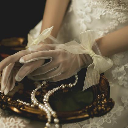 Bride Wedding Bow Gloves, Wedding Ceremonial Short..