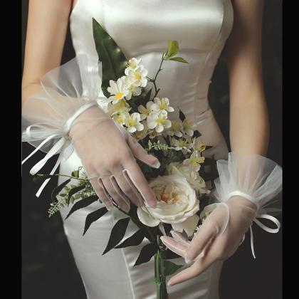 Bride Wedding Gloves, Wedding Gauze Bow Elegant,..