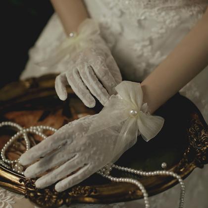 Bride Wedding Gloves, Bowtie Big Pearl Wedding..