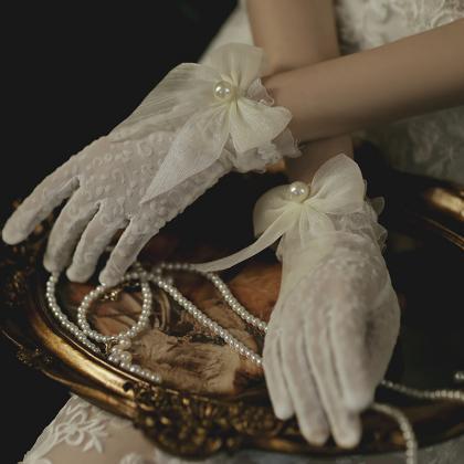 Bride Wedding Gloves, Bowtie Big Pearl Wedding..