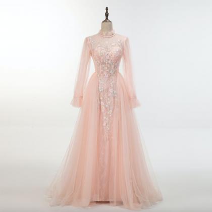 Chic Long Sleeves Prom Dress , Floor Length Pink..