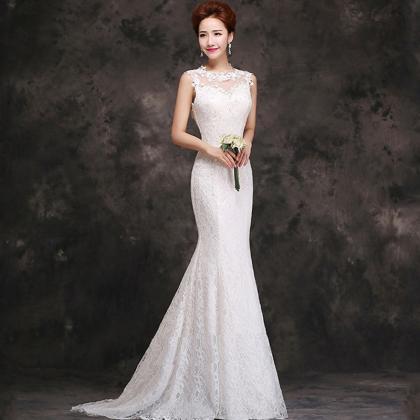 White Mermaid Wedding Dress, Bridal Trailing Light..