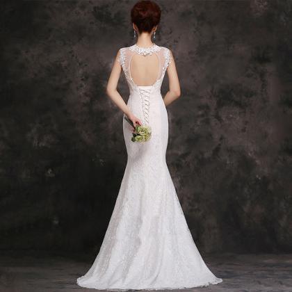 White Mermaid Wedding Dress, Bridal Trailing Light..