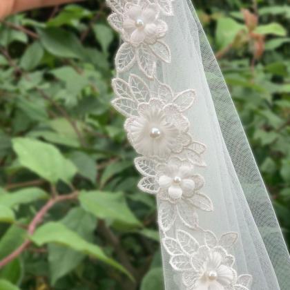 Lace Pearl Flower Single Plain Veil, Folk Style..