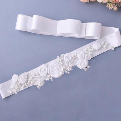 Handmade Flowers, Pearl Bridal Belt, Evening Dress..