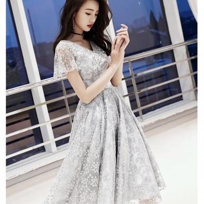 V-neck Evening Dress, Embroidered Lace Party..