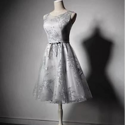Bridesmaid Dresses, Light Gray Mesh, U-neck Fairy..
