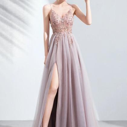 Pink Bridal Dress, Bridesmaid Dress, High Slit..