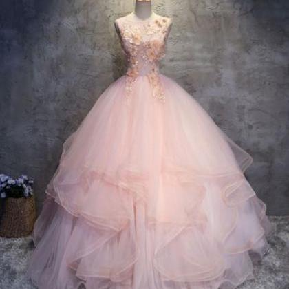 Ball Gown Pink O-neck Quinceanera Dress, Open Back..