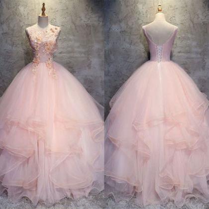 Ball Gown Pink O-neck Quinceanera Dress, Open Back..