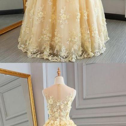Yellow Tulle Lace Prom Dress, Ball Gown, Prom..