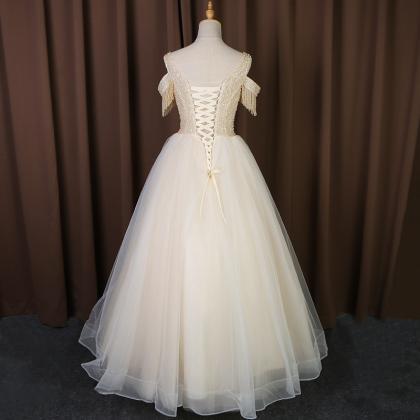 Tassel Sleeves, Beaded Wedding Dress, Floor Length..