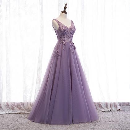 V-neck Prom Dess,purple Party Dress,elegant Prom..