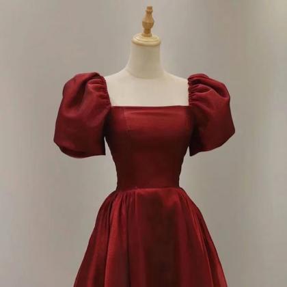 Puffy Sleeves Red Prom Dress,cute Midi..