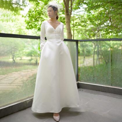 Light Satin Wedding Dress, Simple Long Sleeves..