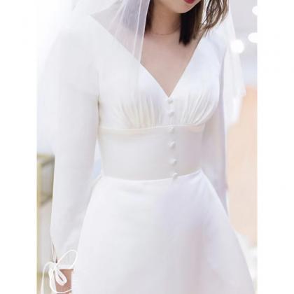 Light Satin Wedding Dress, Simple Long Sleeves..