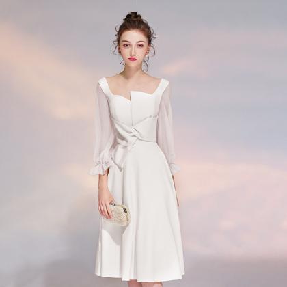 Long Sleeve Prom Dress,white Midi Dress,formal..