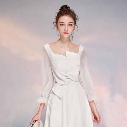 Long Sleeve Prom Dress,white Midi Dress,formal..