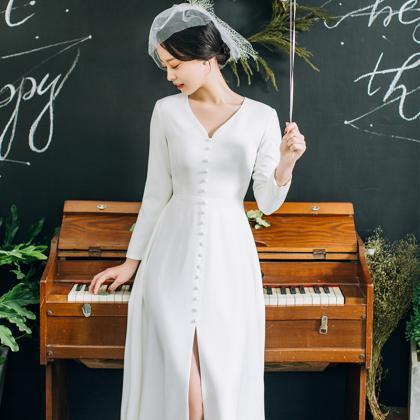 Long Sleeve Wedding Dress V-neck Bridal..