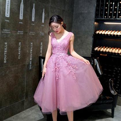 Pink Prom Dress,lace Midi Dress,v-neck Bridesmaid..