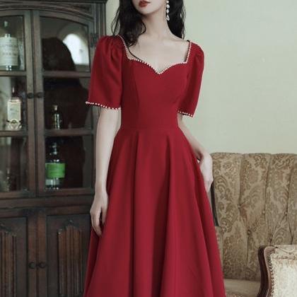 Charming Red Prom Dress,short Sleeve Midi..