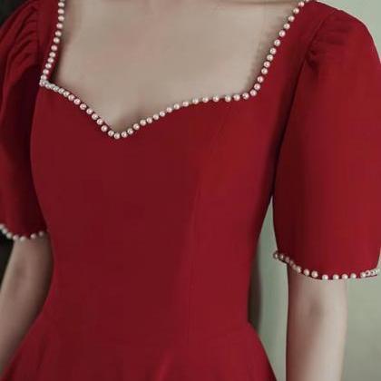 Charming Red Prom Dress,short Sleeve Midi..