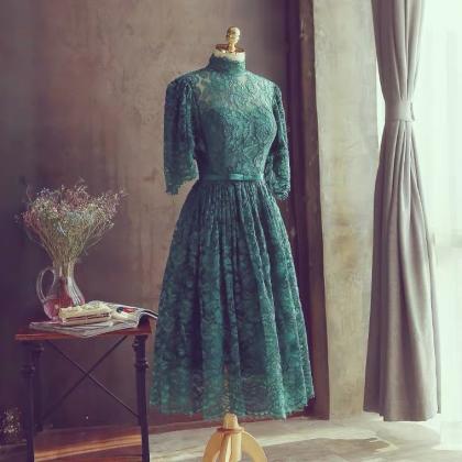 High Neck Lace Midi Dress,green Wedding Guest..