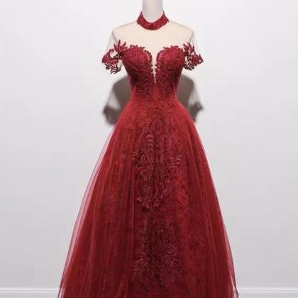 High Neck Prom Dress,red Midi Dress,charming Lace..