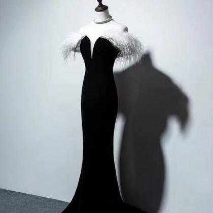 Feather Velvet Fashion Dress,black Evening Dress,..