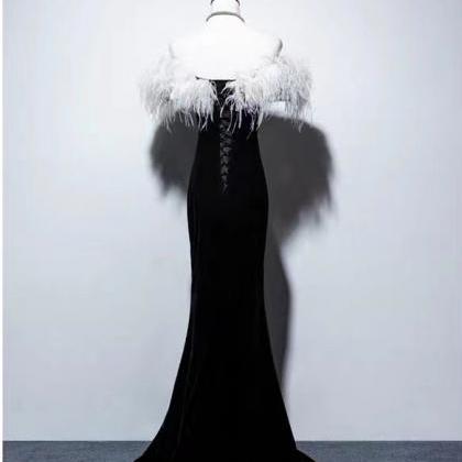 Feather Velvet Fashion Dress,black Evening Dress,..