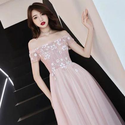 Pink Off Shoulder Prom Dress, Long..