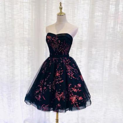 Black Strapless Printed Homecoming Dress, Short..