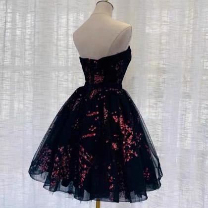 Black Strapless Printed Homecoming Dress, Short..