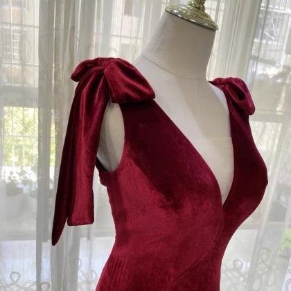 V-neck, Burgundy Evening Dress, High Quality..