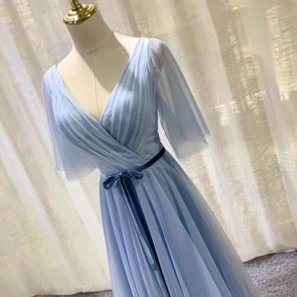 Elegant, V-neck Bridesmaid Dress, Blue Prom..