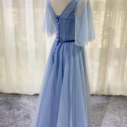 Elegant, V-neck Bridesmaid Dress, Blue Prom..