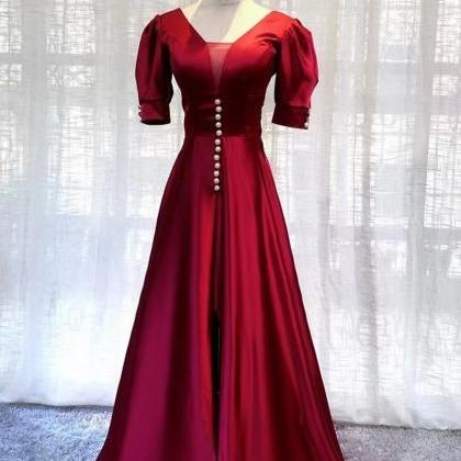 Red Prom Dress,satin Party Dress,short Sleeve Prom..