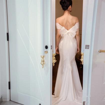 Off Shoulder Light Wedding Dress, Bridal Satin..