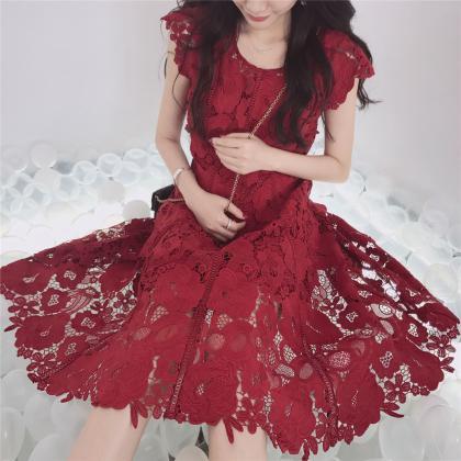 Summer And Spring,lace Homceoming Dress,red Midi..