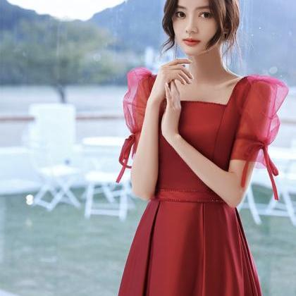Short Sleeves, Red Prom Dress, Satin Evening..