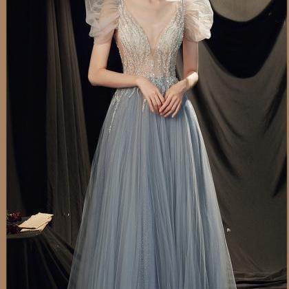 Elegant Temperament Dress, Short-sleeve Blue..