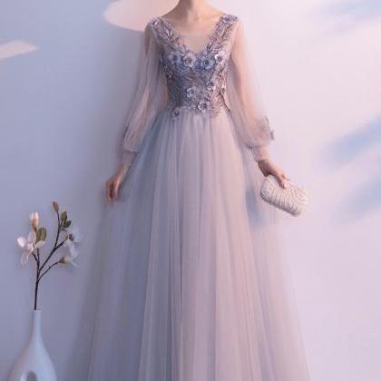 Long Sleeve Evening Dress, Noble ,gray Prom Dress..
