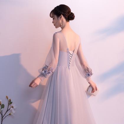 Long Sleeve Evening Dress, Noble ,gray Prom Dress..