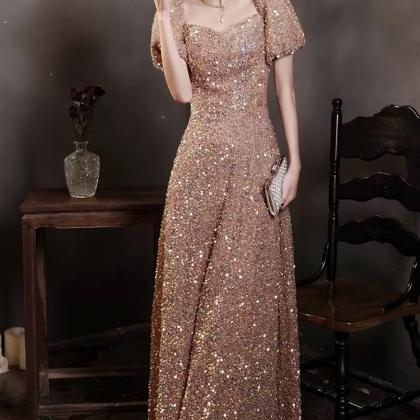 Short Sleeve Evening Dress, Gold Sequin Dress..