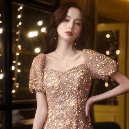 Short Sleeve Evening Dress, Gold Sequin Dress..