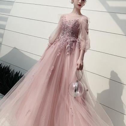 Long Sleeve Evening Dress, Pink Prom Dress With..