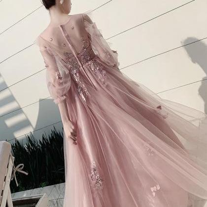 Long Sleeve Evening Dress, Pink Prom Dress With..