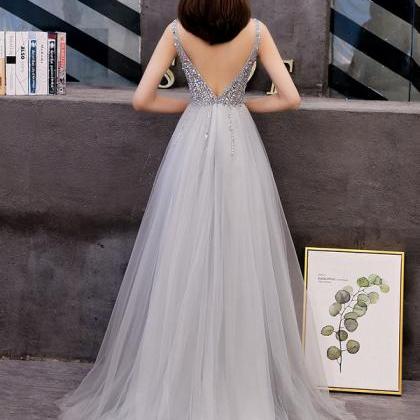 V-neck Prom Dress,gray Party Dress,charming,beaded..
