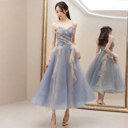 Blue Bridesmaid Dress, Fairy Spaghetti Strap..