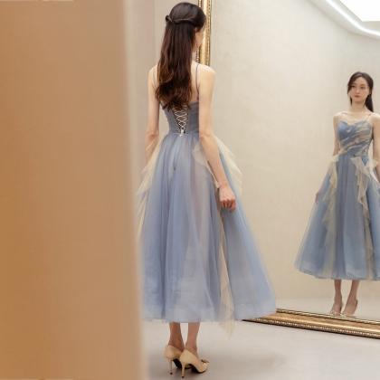 Blue Bridesmaid Dress, Fairy Spaghetti Strap..
